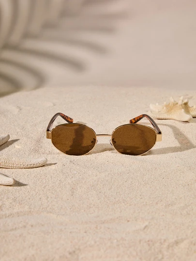 Tropiscape 1pc Vintage Brown Oval Fashionable Glasses, 90s Ladies Metal Slim Frame Designer Style, Suitable For Outfits, Holidays And Daily Life For Summer Beach Vacation,Outdoor,Travel