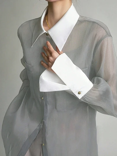 Áo kiểu nữ thanh lịch, áo sơ mi cài cúc phía trước phối màu tương phản, áo tay dài duyên dáng, áo dài tay xòe mỏng nhẹ cho nữ, áo kiểu thời trang tinh tế.