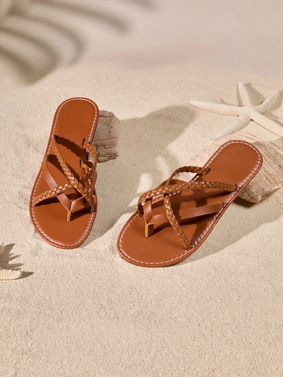 Tropiscape 女士编织带交叉平底凉鞋，休闲沙滩拖鞋，舒适轻便人字拖，黑色、棕色、巧克力棕色、银色