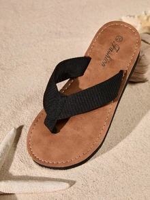 Tropiscape Women's Fashion Shoes Black Summer Shoes Imitation Straw Weaving Flat Shoes Casual Beach Ladies Slip-On Sandals Imitation Sole Flip Flops - Black - View 2