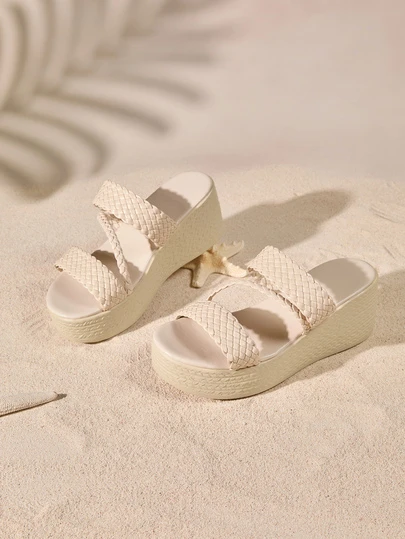 Tropiscape Women Summer Woven Open Toe Platform Wedge Slip-On Sandals, Comfortable Casual Daily Versatile Fashion