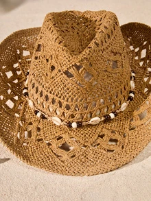 Tropiscape 1 件波西米亚贝壳镂空草编太阳帽，西部牛仔沙滩帽，适合女性夏季海滩度假、度假、返校装、校园派对 - 卡其色 - 查看 5