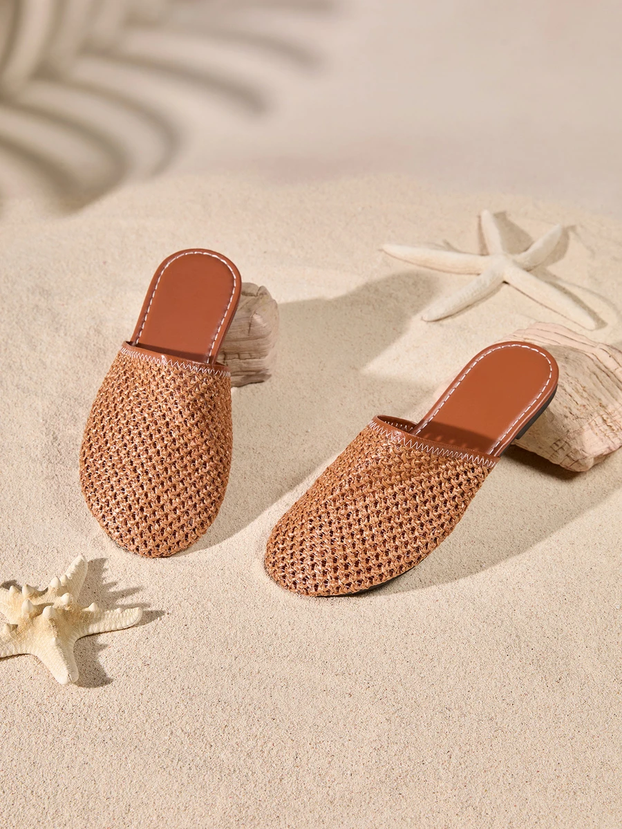 Tropiscape Women's Fashion Hollow Woven Slip-On Flat Sandals, Bohemian Style Breathable Beach Slippers - Brown - View 1