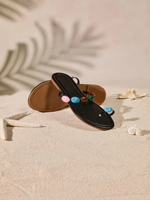 Tropiscape Women's Summer New Elegant Cute Comfortable Colorful Jewel Embellished Flat Sandals, Large Size White Cottagecore,SummerOutfit - Black - View 3