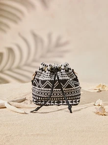 Tropiscape 新款迷你中国风布艺单肩包，书法单肩包，复古印花水桶包，女士休闲时尚手提包，春季托特包 - 黑色 - 查看 2