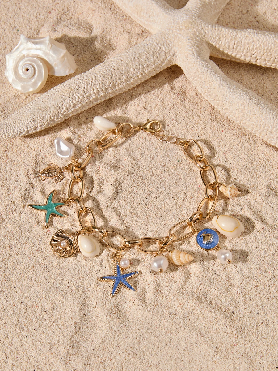 Tropiscape 1 Pc Summer Vocation Beach Style Enameled Starfish Shell Multi Charm Bracelet For Women - Multicolor - View 1