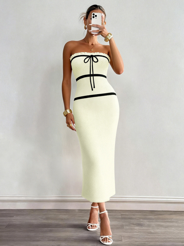 Color Block Knit Dress, Button Front, Color Contrast Trim, Long Dress Summer