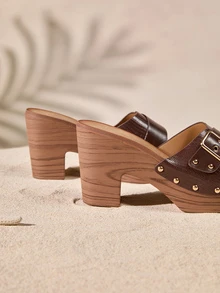 Tropiscape 2025年新款女士高跟凉鞋，动物印花金属铆钉复古厚底拖鞋 - 咖啡棕 - 查看 5