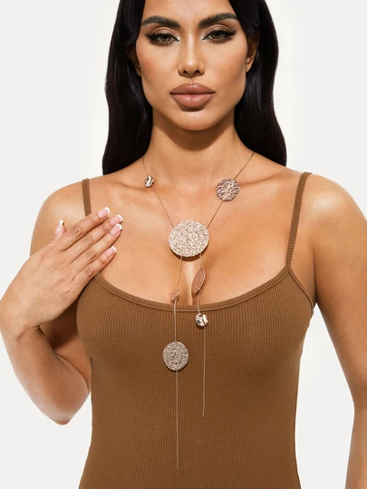 TuEzra 1 件女士 Y 形项链，时尚不对称锤纹圆盘几何吊坠长流苏项链，日常服装配饰