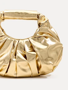 TuEzra 2024 Spring New Arrival Women Handbag, One Piece Of Solid Color Pearl Glossy PU Cloud Bag, Fashionable And Concise Stitching Design With Elegant Elegant For Lady, Foldable And Wrinkled Bag Style. - Gold - View 3