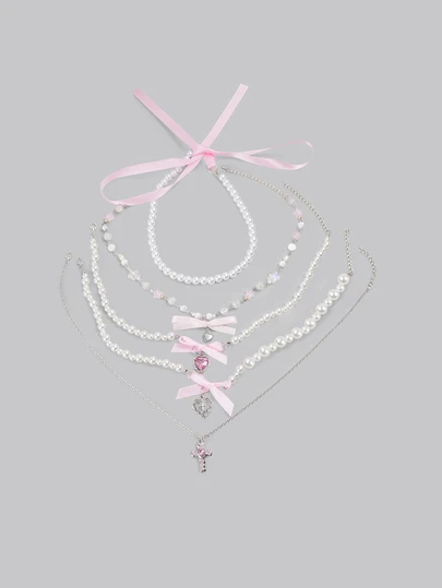 DareSee 5pcs/Set Cute Ballet Style Girl's Necklace, Pink Y2K Style Lovely Bow Tie Women's Necklace Set, Heart Pendant Clavicle Chain, Valentine's Day