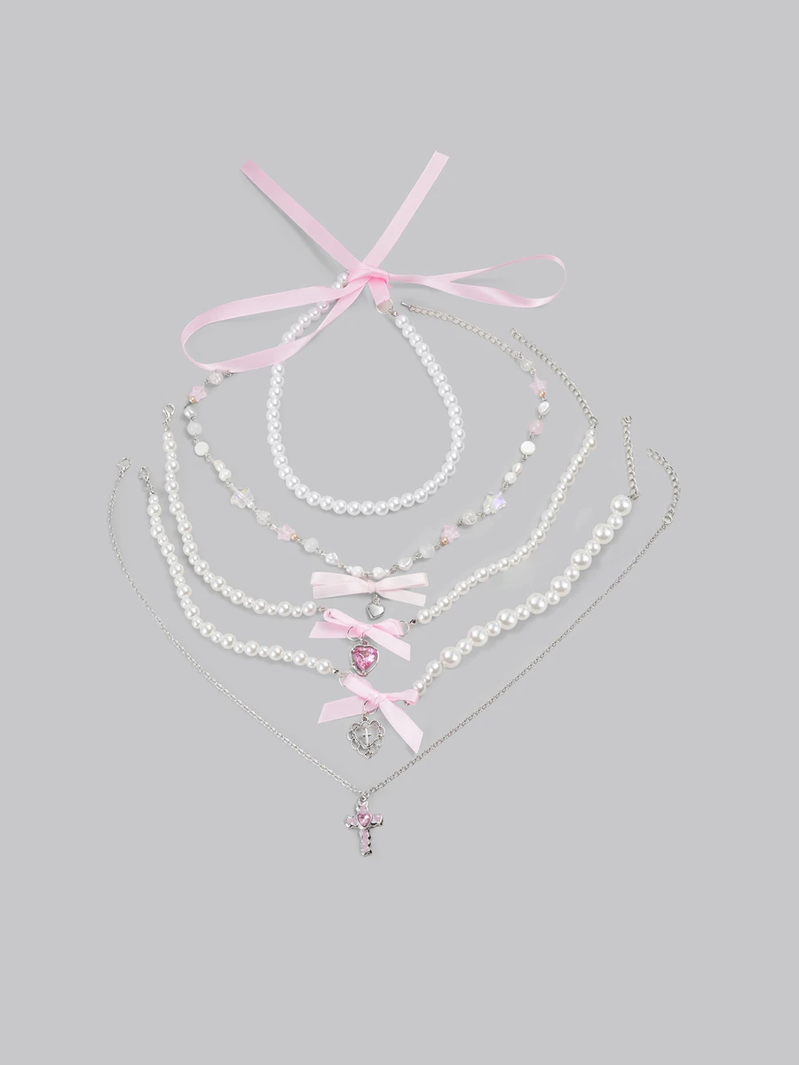 DareSee 5pcs/Set Cute Ballet Style Girl's Necklace, Pink Y2K Style Lovely Bow Tie Women's Necklace Set, Heart Pendant Clavicle Chain, Valentine's Day - Pink - View 1