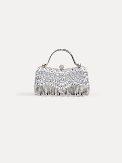 TuEzra 1件新款水钻装饰晚宴手拿包 - 闪亮亮片手提包，带流苏装饰，适合搭配婚纱和伴娘礼服，可拆卸金属链条肩带，是送给女性的完美礼物，非常适合派对、婚礼、盛会、正式活动，可搭配节日派对礼服、晚礼服和亮片连衣裙。