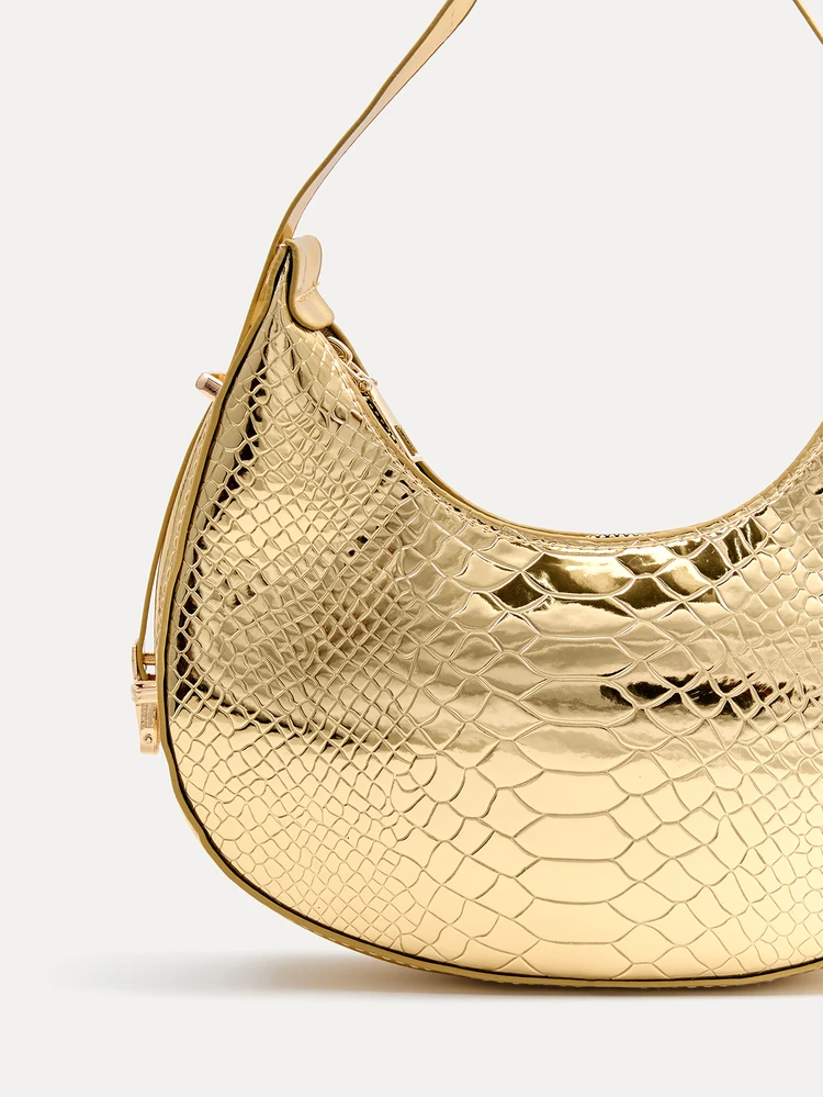 TuEzra 1pc Crocodile Embossed Gold Crescent Shaped Bag, Metal Lock