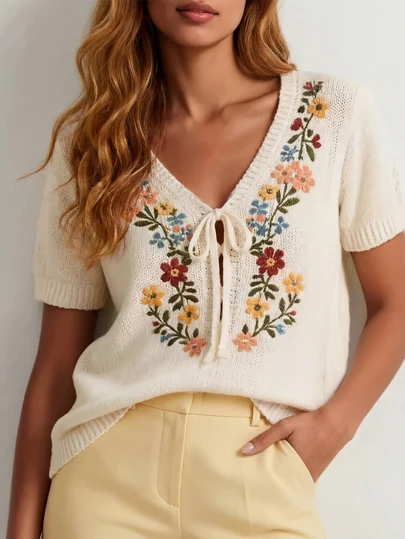Women's Embroidered Floral V-Neck Knit Short Sleeve Casual Sweater, Tie-Front Short Sleeve Knit Beach Top, Summer Clothing