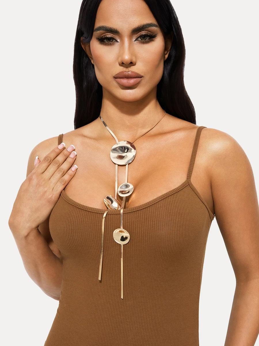 TuEzra 1pc Women's New Y Style Necklace, Vintage Creative Round Asymmetrical Heart Pendant Pendant Chain, Exaggerated Long Sweater Chain For Daily, Gift, Party Jewelry - Golden - View 1