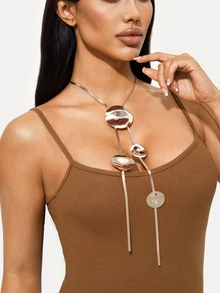 TuEzra 1pc Women's New Y Style Necklace, Vintage Creative Round Asymmetrical Heart Pendant Pendant Chain, Exaggerated Long Sweater Chain For Daily, Gift, Party Jewelry - Golden - View 3
