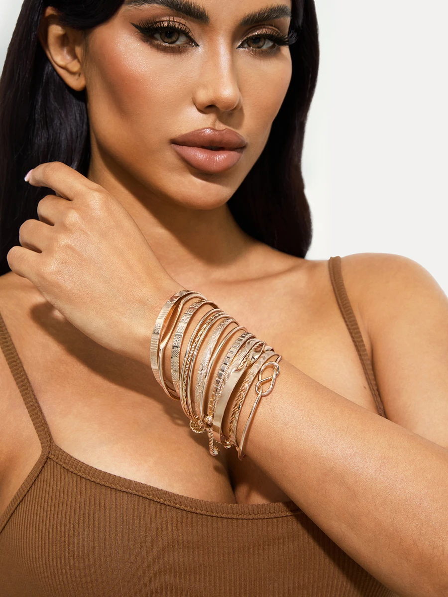 TuEzra 12/7/5pcs Set Textured Chunky Star Floral Pattern Twisted Geometric Round Disc & Bead Multi-Layer Wavy Metal Chunky Bangle Bracelet Set, Fashion Elegant Vintage Design, Suitable For Holiday, Party, Date, Gift, Daily Wear - Yellow Gold - View 1