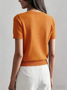 Áo thun dệt kim tay ngắn màu trơn nhẹ nhàng dành cho nữ, áo mùa hè tối giản - trái cam - Xem 2
