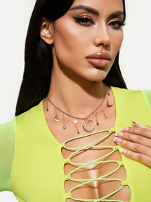 TuEzra 1 Pc New Arrival Creative Simple Star & Moon Design Tassel Necklace - Yellow Gold - View 3