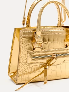 TuEzra Mini Crocodile Pattern Fashionable Multi-Use Zipper Closure Handbag With Detachable Shoulder Strap For Women, Animal Print Women Bag - Gold - View 5