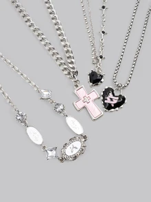 DareSee 4pcs/Set Gothic Punk Style Ladies Pendant Necklace Personalized Design Love Cross Ladies Chain Necklace Y2K Ballet-Style Rock Dark Style Ladies Necklace - Silver - View 2