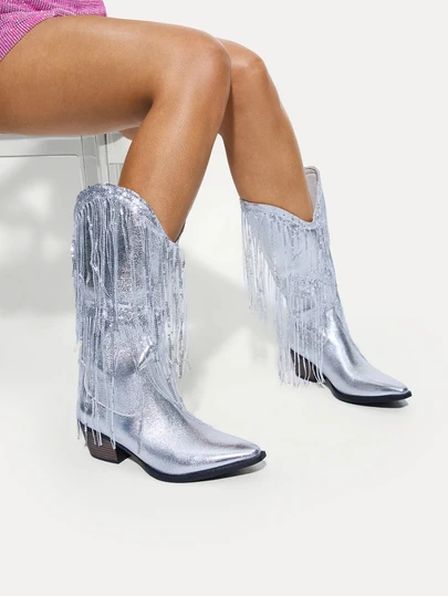 TuEzra Fall/Winter 2025 Double-Layer Tassel Mid-Heel Small Square Toe Slip-On Fashionable And Comfortable Fashionable,Style With Sweater, All-Match Knight Boots Western Boots Women's Mid-Calf Boots,Cowboy Boots