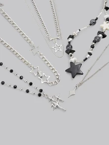DareSee 5件套复古哥特风酷炫星星吊坠串珠银色项链，男女皆宜，兼具Kpop、Grunge、Y2K、EMO等美学风格，适合音乐节等场合佩戴。 - 星星 - 查看 3