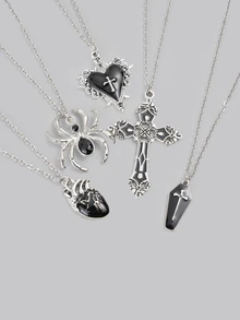 DareSee 5件套Y2K复古哥特朋克摇滚风格心形、玫瑰、十字架、棺材、宝石、蜘蛛吊坠项链套装，不锈钢链，个性化嘻哈音乐节项链 - 黑色 - 查看 5