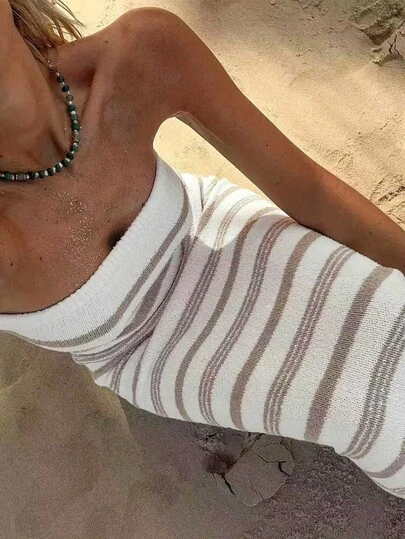 女士条纹印花无袖针织连衣裙，休闲长款针织裙，夏季时尚日常装