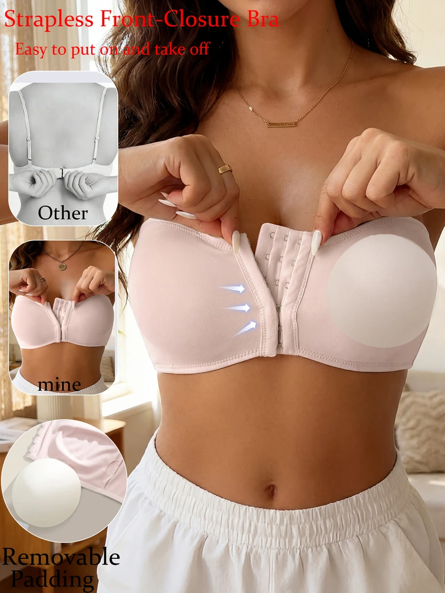Áo lót không dây cài trước dành cho nữ, áo croptop nâng đỡ không đường may, nội y gợi cảm cho đám cưới, trang phục mùa hè. - Hồng - Xem 1
