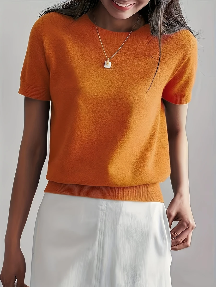 Áo thun dệt kim tay ngắn màu trơn nhẹ nhàng dành cho nữ, áo mùa hè tối giản - trái cam - Xem 1