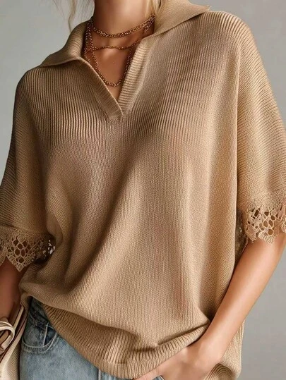 女士 Polo 领针织上衣 - 蕾丝边饰，宽松短袖套头衫，优雅简约设计，休闲舒适，适合夏季穿着