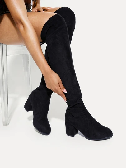 TuEzra 简约厚底马靴完美搭配连衣裙，搭配连衣裙，女士时尚黑色纯色高跟靴性感时尚