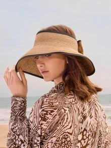 Glizzene Sun Visor Hats For Women Wide Brim Straw Roll-Up Ponytail Summer Beach Hat UV UPF Packable Foldable Travel Boho Bow Wedding Wedding - Khaki - View 2