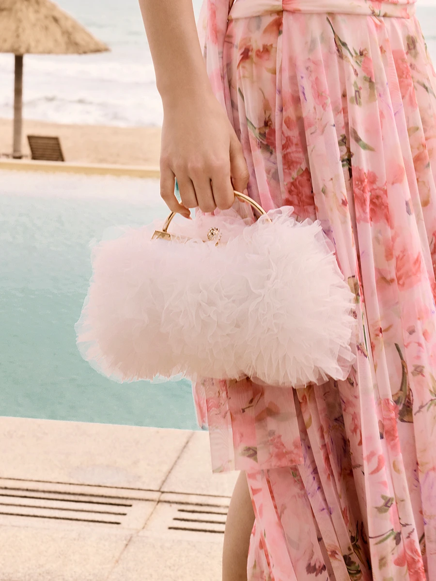 2025 Spring/Summer New Arrival White Romantic Wedding Season 1pc White Mesh Ruffle Tassel Buckle Rhinestone Decorated Handbag, High-End Women's Luxury Dress Evening Bag, Bridal Wedding Party Clutch Valentine's Day Wedding Wedding - White - View 1