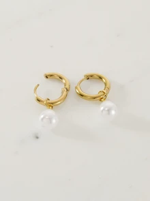 Clariva 1 Pair Stainless Steel Waterproof And Non-Fading Stylish Women's Gold/Silver Water Droplet Pearl Hoop Earrings, Suitable For Women's Daily Wear - Gold - View 2