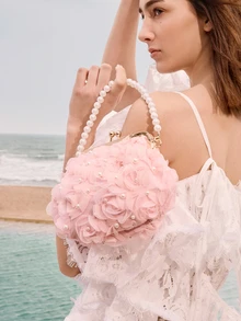 Glizzene 2 buc/set geantă de mireasă cu decor floral din plasă romantică albă cu perle și mâner din perle, geantă de mână de lux pentru femei, pentru nuntă, primăvară-vară 2025, Ziua Îndrăgostiților, nuntă - Roz - Vizualizare 2