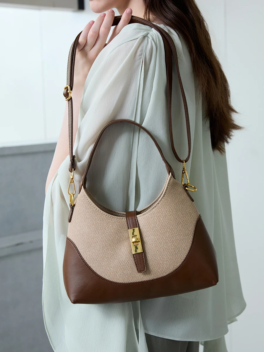 CHICVUE Contrasting Color Niche Design Dumpling Bag, Versatile Commuting Portable Shoulder Crossbody Bag, Handbag, Suitable For Daily Commuting, Casual Dating, Shopping - Brown - View 1