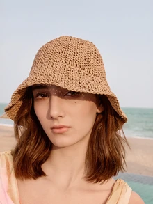 Glizzene 经典草编帽，女士沙滩遮阳帽，多功能渔夫帽，防紫外线，春夏婚礼帽 - 駝色 - 查看 1