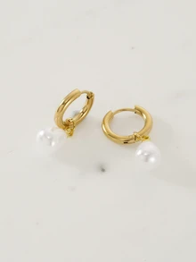 Clariva 1 Pair Stainless Steel Waterproof And Non-Fading Stylish Women's Gold/Silver Water Droplet Pearl Hoop Earrings, Suitable For Women's Daily Wear - Gold - View 5
