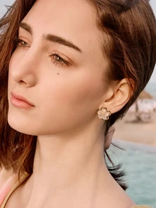 Glizzene 1pair Fashionable And Versatile Small Flower Design Cubic Zirconia Women's Stud Earrings, Daily Accessory Valentines Wedding Wedding - Gold - View 5