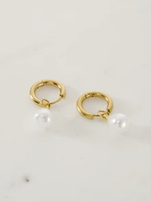 Clariva 1 Pair Stainless Steel Waterproof And Non-Fading Stylish Women's Gold/Silver Water Droplet Pearl Hoop Earrings, Suitable For Women's Daily Wear - Gold - View 4
