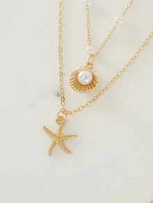 Clariva 1 pieza Collar de estilo resort de playa con estrella de mar y concha con perlas falsas, adecuado para uso diario, regalo y accesorio de moda - Amarillo Oro - Ver 2
