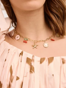 Glizzene 1 pieza Collar con colgante de cadena de clavícula con dijes de cereza, corazón, estrella de mar, chile, perla falsa y abeja, accesorios de joyería de fiesta diaria para mujer, joyería divertida para San Valentín y boda - Amarillo Oro - Ver 2