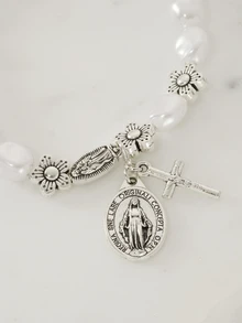 Clariva 1 pièce Bracelet pendentif Vierge Marie avec fleur et croix en perles de faux-perles, style vintage convenant pour le port quotidien des hommes et des femmes, cadeau de bijoux - Multicolore - Voir 3