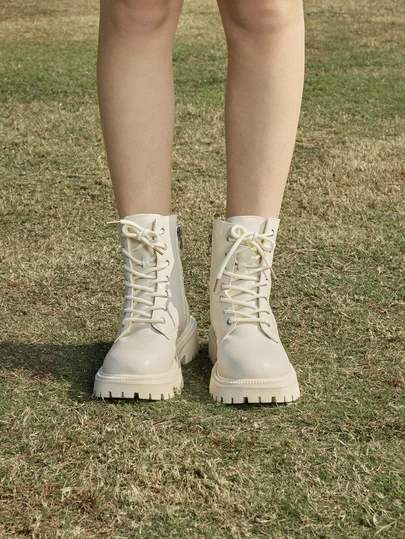 Hatastic 2026秋冬新款女鞋，保暖冬靴，时尚百搭休闲女鞋，真皮踝靴，黑白系带侧拉链短靴，平底女靴，女士踝靴/短靴，时尚女靴