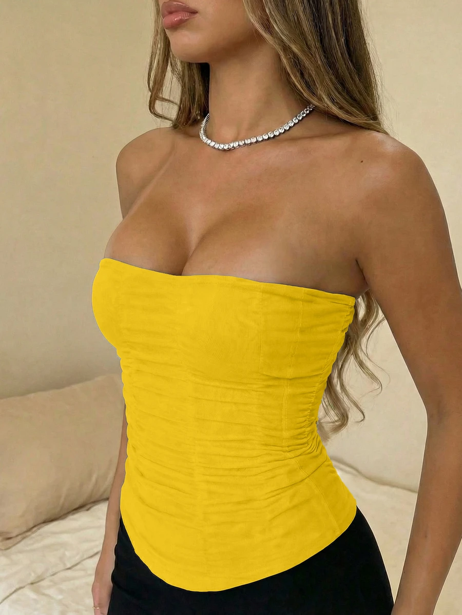 Áo croptop corset lưới xuyên thấu màu trơn gợi cảm Yuwenier, áo bustier không dây có gọng và dây buộc phía sau, trang phục dự tiệc/lễ hội/Halloween, trang phục đi nghỉ hè cho nữ. - Màu vàng - Xem 1