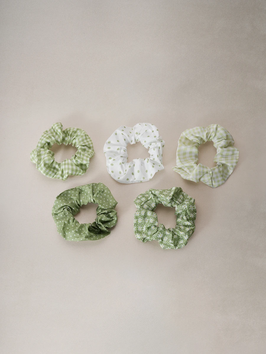 Hatastic 5pcs Women's 9cm/3.54in Polka Dot Plaid Green Floral Scrunchies, Fashionable Versatile High-End Elegant Minimalist Solid Color Hair Ties, Suitable For Daily Outings, Casual, Party, Commute, Beach, Vacation, Ponytail, Bun, Washing Face, Makeup, Outfit Accessory Makeup Home Gym Woman Accessories Head Accessories Music Fest Back To School - Green - View 1