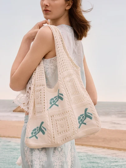 Glizzene Kadın Yazlık Plaj Çantası - Deniz Kaplumbağası Desenli Tığ İşi Tasarım, Geniş Kapasiteli Açık Üstlü Çanta, Bej Polyester, Günlük Geziler ve Sahil Tatilleri İçin Uygun, Plaj Çantası, Seyahat Aksesuarı, Bohem Moda, Dokuma Doku, Geniş Çanta, Tatil İçin Vazgeçilmez, İş İçin İdeal, Okula Dönüş, Kadınlar İçin Bohem Kıyafet, Plaj Çantası, Düğün Çantası